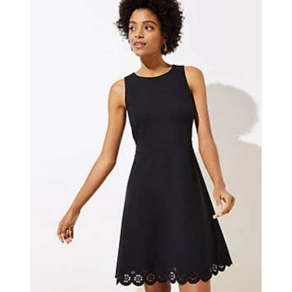 LOFT Black Ponte Dress Womens 12 Laser Cut Scalloped Lace Hem Fit & Flare NWT